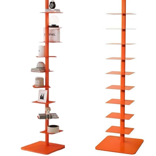 Estantería de 9 niveles con lomo de metal estrecho, estantería vertical giratoria para espacios pequeños, diseño de escalera alta y delgada (naranja, 15.8 pulgadas de profundidad x 15.8 pulgadas de