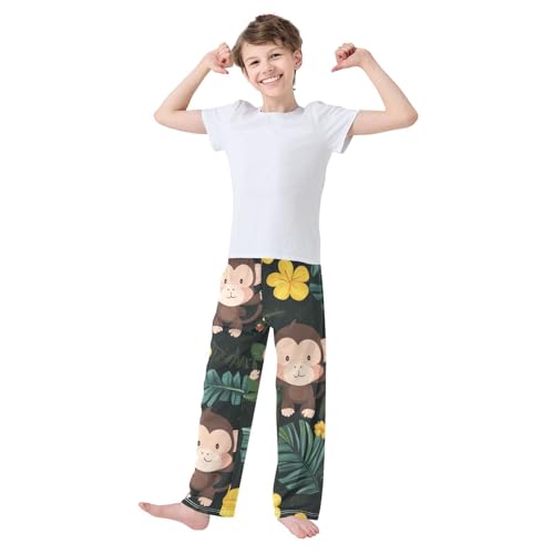 Monkey Hibiscus Florals Boys Long Pants Soft Trousers Elastic Waist Kids Lounge Bottoms with Pockets S-XL3