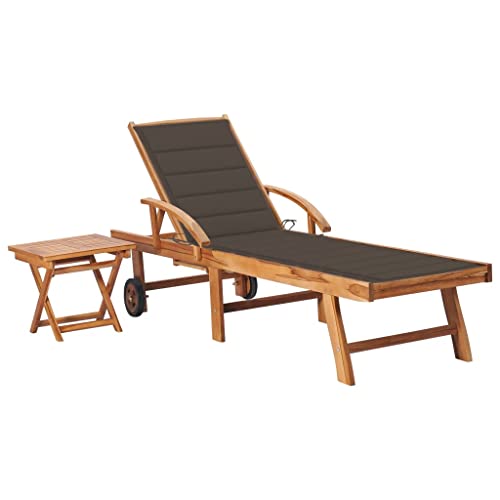 SKM Tumbona con Mesa y cojín Madera Maciza de Teca,Mobiliario,Muebles de jardín,Asientos de Exterior,Tumbonas,Gris Topo,22.86 kg,3063029