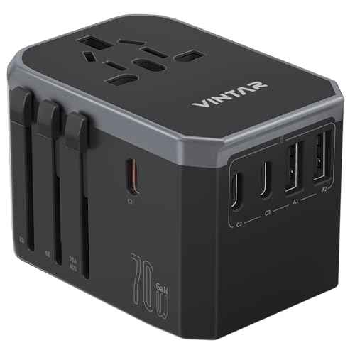 Image of Universal Travel Adapter, VINTAR 70W GaN International Power Adapter with 5 USB Ports (3 USB-C), All-in-one Travel Essentials Plug Adaptor, Travel Adapter Worldwide for UK /EU /USA /AUS, Black