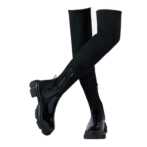 Womens Stretch Knitted Long Tall Boots Winter Round Toe Thigh High Sock Boots Slip On Platform Over The Knee Boots