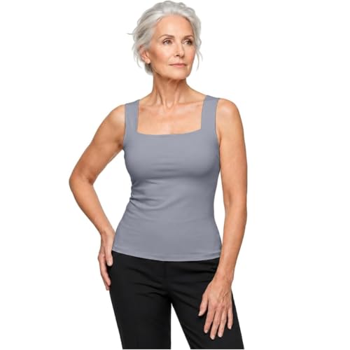 Tank Top with Built in Bra for Older Women Wide Strap Camisole Blue
