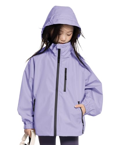 Image of Rolanko Girls Rain Jacket Lightweight Waterproof Hooded Kids Raincoat 6-16 | Kids Windbreaker, Water-Repellent, Sealed Zip Pockets, Reflective Strips, Extended Hood, Outdoor, School Daily, Travel