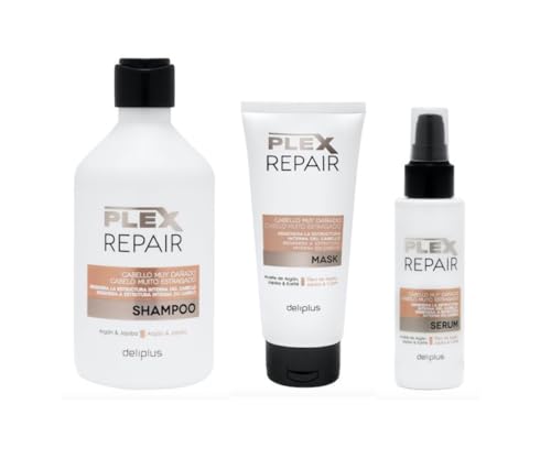 Pack 3 - Champú 400 - Mascarilla 200 - Serum 100 Plex Repair con argán y jojoba. Deliplus (Paquete 3 Unidades)