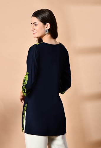 Image of LIBOZA Embroidered Kashmiri Tunic Top, Short Kurti for Women on Jeans, V-Neck, 3 /4 Sleeve, Floral Design,