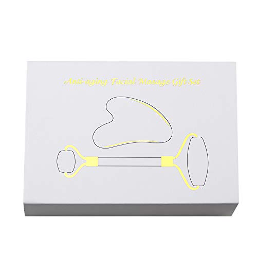 Andoer Conjunto de Rolo de Quartzo Rosa Massageador Facial Jade Natural Massagem de Emagrecimento Fa