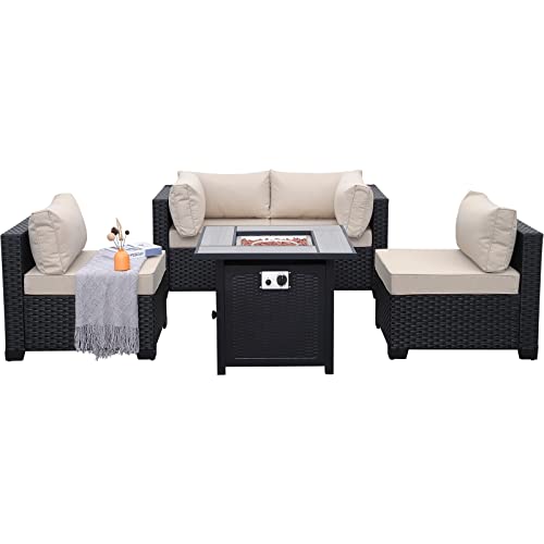 Outdoor Patio Pe Wicker 5 Piece Furniture Set, Black Rattan Sectional Conversation Sofa Chair With Square Propane Fire Pit Table, Khaki Cushion #TOP7