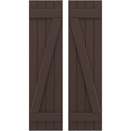 14"W x 53"H Americraft Four Board (2 Batten) Exterior Real Wood Joined Board-n-Batten Shutters w/Z-Bar (Per Pair), Raisin Brown