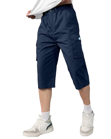 brucewane Men's Cotton Three by Fourth, 3/4, Capri, Three Quarter Pant Plus Size (Navy Blue)-picture-22