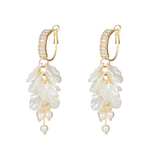 White Pearl Petal Flower Hoop Dangling Earrings For Women,Long Sparkly CZ Cubic Lightweight Women Jewelry Earrings For Wedding Party Bride Bridesmaid