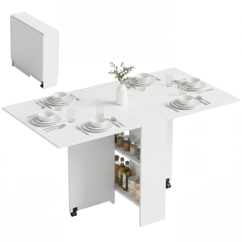 HOMCOM Mesa Plegable de Comedor con Ruedas 75x140x74 cm Blanco