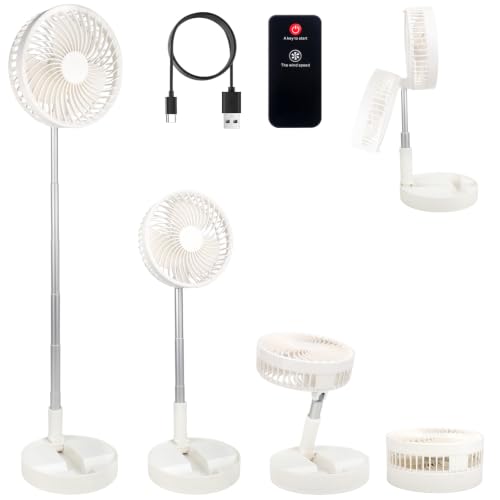 Jonuin Portable Pedestal Fan 7200mAh Rechargeable Battery Operated USB Standing Fan with Remote Foldable Desk Fan 4 Speed Settings Quiet Pedestal Fan for Bedroom Office Travel White