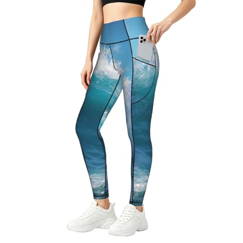 Legging fitness femme imprimé vagues de mer doux avec poches pantalon gym et yoga