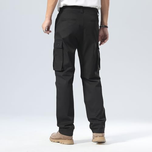 Plaid&Plain Men's Cargo Pants Loose Straight Fit with Multi-Pocket and Oversized Belt Loops4