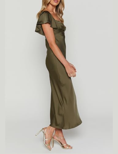 Image of Summer Satin Flutter Sleeve Wedding Guest Dresses for Women Sweetheart Neckline Cutout Tie Back Midi Cocktail Dress