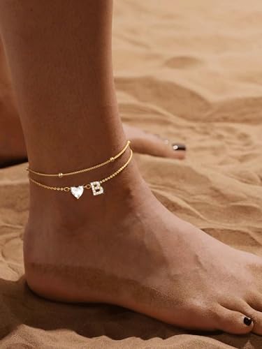 Image of Gold Initial Ankle Bracelets for Women, 14K Gold Plated Dainty Love Heart CZ Trendy Layered Letter A-Z Waterproof Anklets Fashion Jewelry Gift for Women