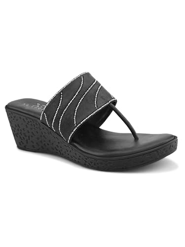 Image of XE Looks Wedge Thong Sandals for Women | Pleated Upper Strap with Subtle Rhinestone Detail | Cushioned Footbed & Slip-On Low Wedge Heel | Lightweight All-Day Comfort