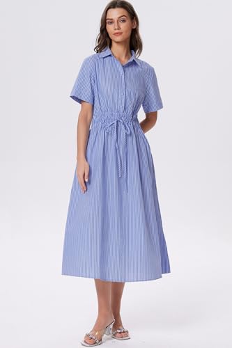 Image of Ladyful Women Casual Button Down Short Sleeve Shirt Dress Tie Waist Midi Shirt Dress Elegant Business Party