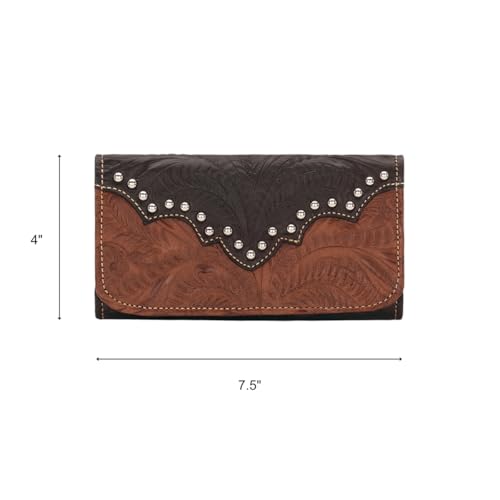 Image of American West Hand Tooled Handcrafted 100% Genuine Leather Tri-Fold Wallet for Women Credit Card Slots Cash Pocket and Clear ID Holder Western (Medium Brown)