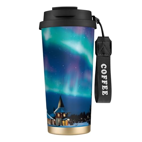 きらめくオーロラの夜-フィンランド コーヒーカップ 500ml真空断熱マグボトル 保温 保冷 多重構造 大容量 直飲み ストロー付き洗いやすい アウトドア 漏れ防止 サーモス水筒 食品グレードステンレス316 男女兼用 車用 父の日、母の日ギフト 外出、自
