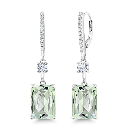 Gem Stone King 13.50 Cttw Green Prasiolite Dangle Earrings For Women | 925 Sterling Silver | Gemstone Birthstone | Emerald Cut 14X10MM