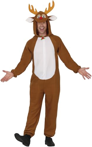 GUIRMA | Disfraz de Reno Pijama Adulto (52-54/L) - Capucha y Mono - Disfraces de Navidad, Año Nuevo y Fiestas de Papá Noel - Ideal para Hombres - Marrón y Blanco