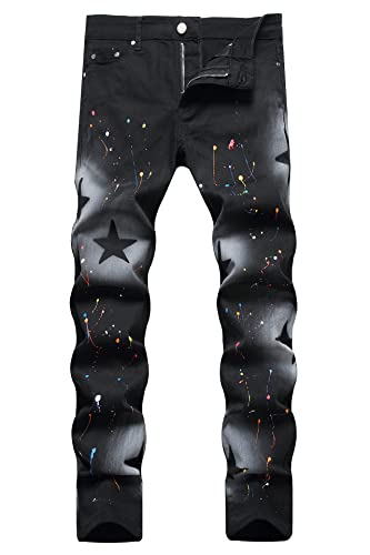 Mens Casual Skinny Straight Slim Fit Hand-Painted Star Printed Jeans 1315 Black Size 32