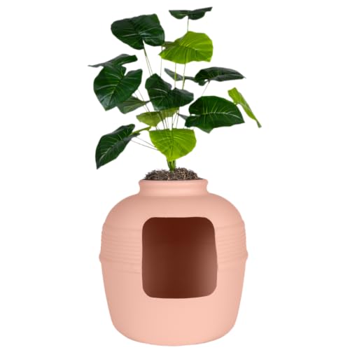 Good Pet Stuff Original Hidden Litter Box Planter, Decorative Cat Litter Enclosure, Carbon Filter, Faux Plant, Round Design, Easy to Clean, Base Kit, Broad Leaf Philodendron, Blush Coral