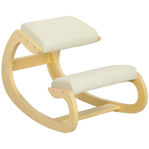 HOMCOM Sedia Ergonomica con Inginocchiatoio e Movimento a Dondolo, Sedia Moderna in Tessuto Effetto Lino e Legno di Betulla, 55x85x55 cm, Crema