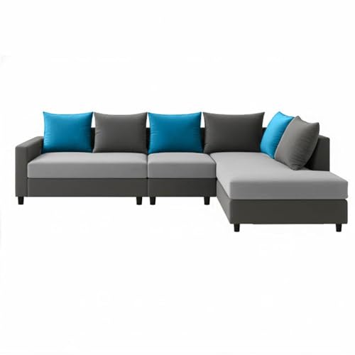 Image of FURNY Glory 6 Seater RHS Fabric Sofa Set (Dark Grey-Light Grey-Aqua Blue) with Velvet Finish | Durable Comfort | Ideal for Living Room | Breathable material