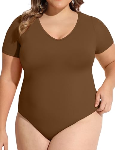 Image of COOTRY Plus Size Short Sleeve Bodysuits for Women V Neck Body Suit Tops Basic One Piece Bodysuit T Shirt
