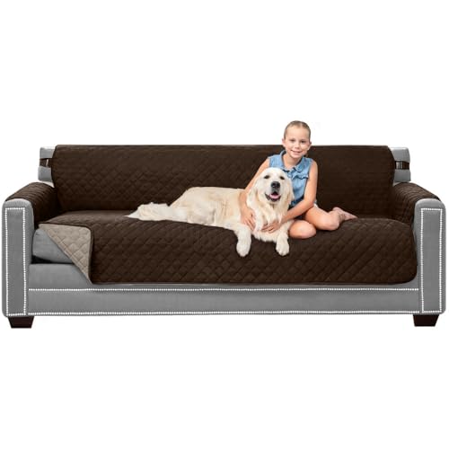 Sofa Shield Couch Slip Covers for Dogs, Reversible Furniture Protector with Strap, Stain and Tear Resistant Cushion Cover, 78 inch Seat, Machine Washable Slipcover Pets, Cats, Chocolate Beige