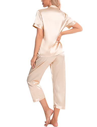 Swomog Women Satin Pajama Set Short Sleeve Sleepwear Capri Silk Pjs Set 2 Piece Loungewear Button Down Nightwear With Pockets Champagne #TOP3