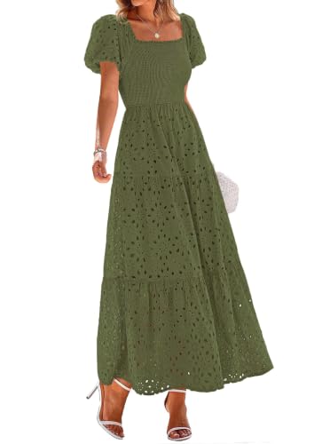 Image of PRETTYGARDEN Summer Dresses for Women 2026 Eyelet Square Neck Puff Sleeve Smocked Wedding Guest Maxi Dress with Pockets