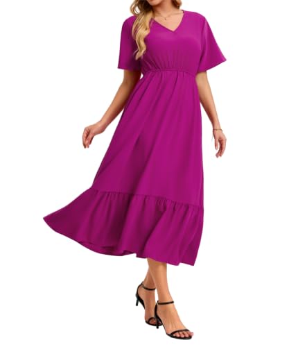 Image of Women's Summer Short Sleeve Maxi Floral Flowy Dresses with Pockets