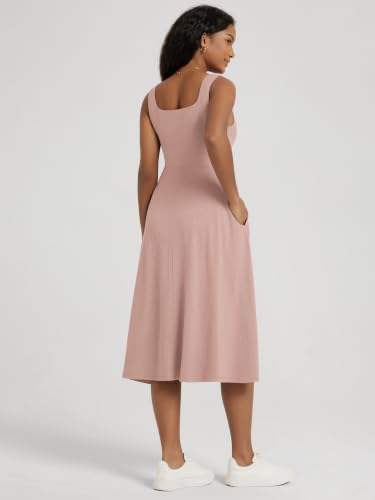 Image of ODODOS Square Neck Midi Dress with Pockets for Women Summer Casual Sleeveless Sundress Flare Tank Dress