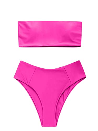 Image of ZAFUL Women's High Cut Bandeau Bikini Set Strapless Solid Color 2 Pieces Bathing Suit Swimsuit (4-Rose Red,S)