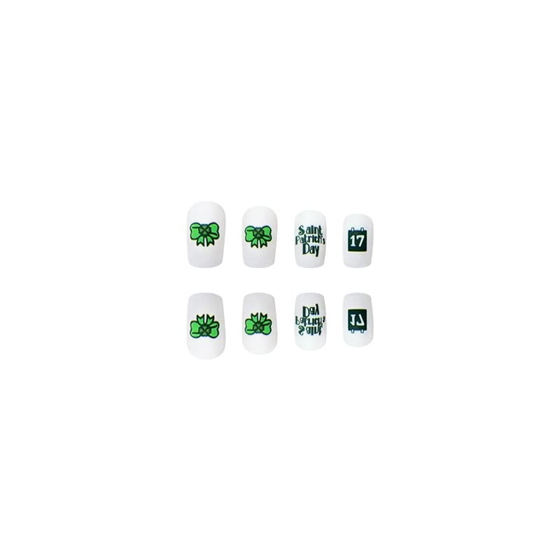 Miniatura 4 de Diduikalor Uñas postizas cortas blancas a presión, uñas postizas con pegamento con diseño de tréboles, juego de uñas acrílicas cortas para mujer,