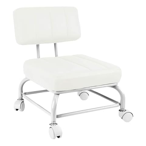 IMMER LIEBEN Low Rolling Stool Roller Seat with Universal Swivel Caster Wheels for Home Office Stool Garage Shop Stools PU Leather High Density Cushion and Steel White Cover