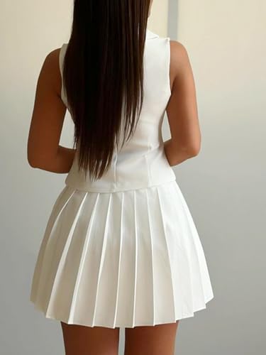 Molisry Women's Skirt Set 2 Piece Outfits Button Down Blazer Vest High Waisted Pleated Mini Skirt Business Outfits3