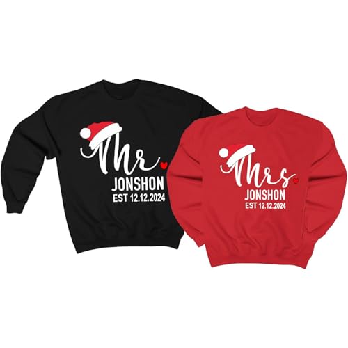 HHOD Mr and Mrs Sweatshirts Matching Christmas Pajamas, Sweater for Couples, Husband Wife, Newlywed, Engaged, Personalized His and Her Long Sleeves, Multicolor
