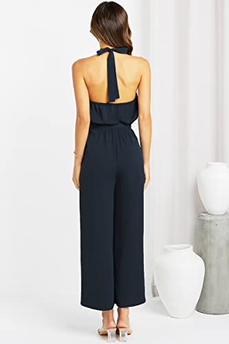 Ecowish Womens Loose Fit Jumpsuits, Sleeveless Wide Leg Pants Halter Neck Jumpsuit For Women Summer Rompers Dark Blue S #TOP3