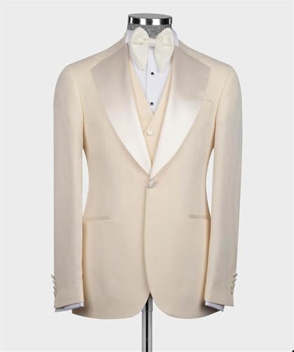 Men's Slim Fit 3 Piece Suit Beige Solid Prom Wedding Blazer Pants Vest Tuxedo Suits Set for Men2