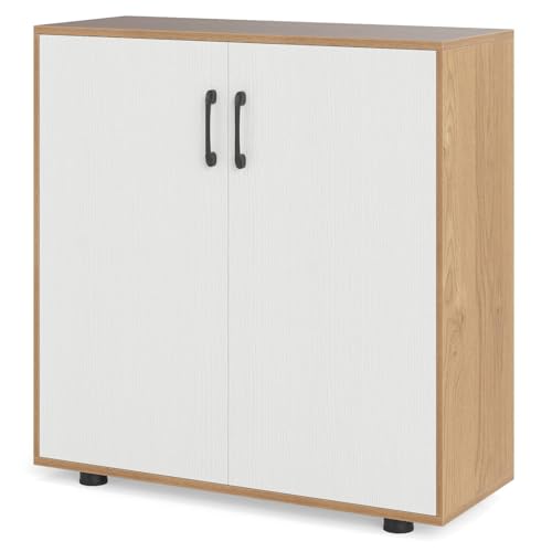 TANGZON Storage Cabinet, 2 Door Buffet Sideboard with Adjustable Shelf, Anti-tipping Device & Raised Feet, Freestanding Kitchen Cupboard Organiser for Dining Living Room Hallway (Natural+White)
