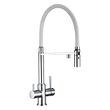  Grifo de cocina fregadero extraible Grifo de cocina de agua limpia de 3 vías con rociador Osmosis giratoria Reversa Tri-flow Pull Down Mezclador de fregadero de cocina Grifo de Latón Moderno,Blanco