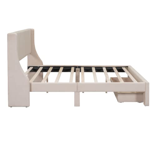 Anwick Queen Size Storage Bed Frame Velvet Upholstered Platform Bed With A Big Drawer, Upholstered Bed Frame With Strong Wooden Slats, No Box Spring Needed, Easy Assembly (Beige, Queen) #TOP3