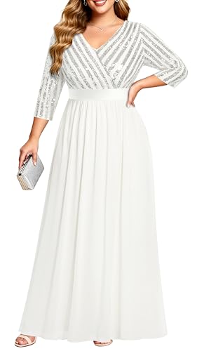 Image of Womens Plus Size Formal Dresses - V Neck 3 /4 Sleeve Sequin Prom Evening Gowns Long Maxi Dres