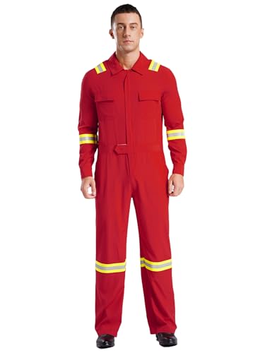 Xnihocha Mono de Trabajo de Manga Larga para Hombre, Mono Reflectante con Rayas, Mono de Mecánico, Uniforme de Pieza Única, rojo, XXL