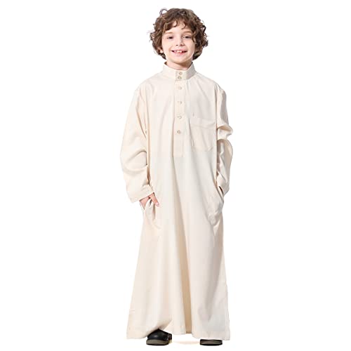 IDOPIP Muslim Thobe for Boys Kids Long Sleeve Islamic Arabic Kaftan Robe Middle East Dubai Prayer Dress Clothes with Pockets