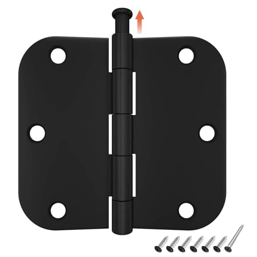 HOSOM 12 Pack Rounded Matte Black Door Hinges 3.5 x 3.5 inch with 5/8 Radius, Black 3 1/2 Interior Door Hinges, 3 ½"x 3 ½" Hardware